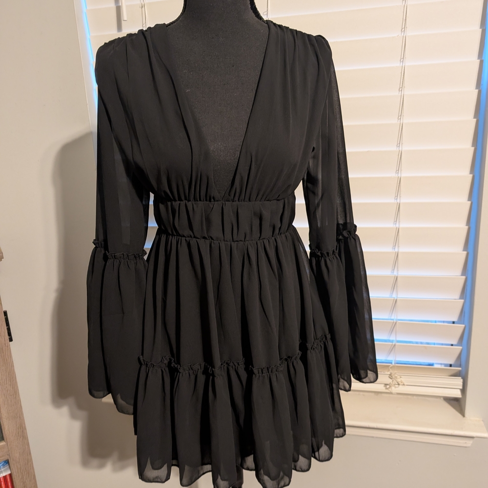 Black Ruffled Tiered Cocktail Dress with Long Bell Sleeves